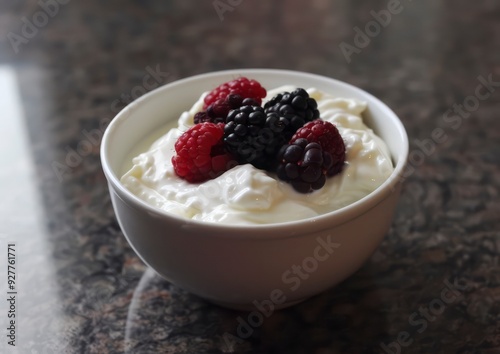 A creamy bowl of smooth yogurt topped with fresh, vibrant berries, offering a delightful contrast of textures and flavors in every spoonful.