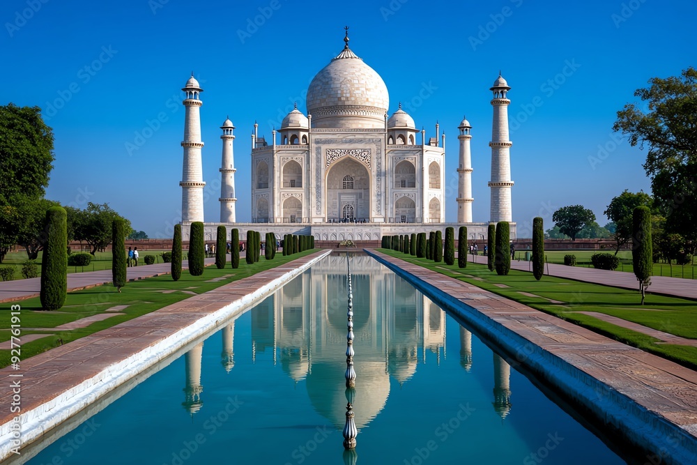 Obraz premium A stunning view of the Taj Mahal, a white marble mausoleum on the south bank of the Yamuna river in the Indian city of Agra.