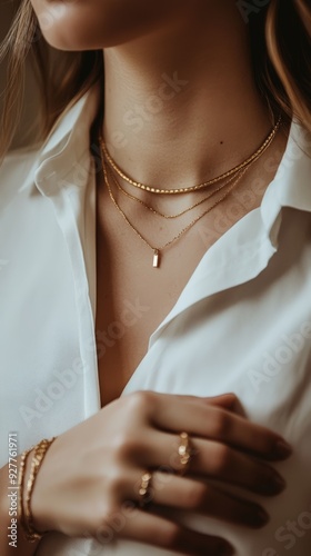 Elegant layered jewelry worn by a woman in a white blouse during a casual indoor setting