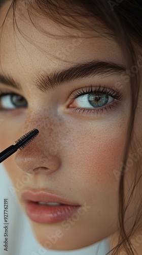 Young woman applying mascara in close-up, showcasing natural beauty and detailed features