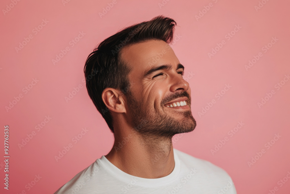 A close up of a man's face with her eyes closed