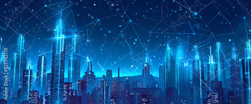 abstract blue background with stars, abstract line connection on night city background.