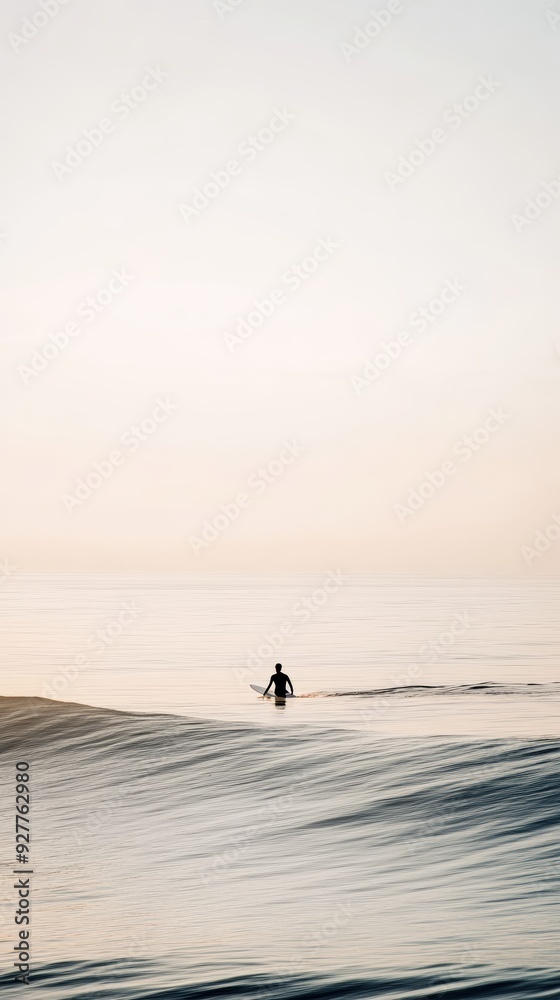 Fototapeta premium Surfer entering the calm ocean waves at dusk with a pastel sky