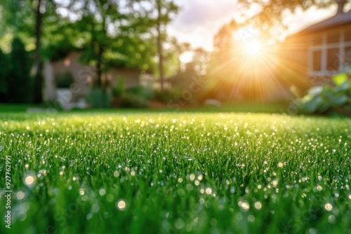 Lush green grass adorned with dew in a home garden, as sunlight filters gently through the tree branches photo