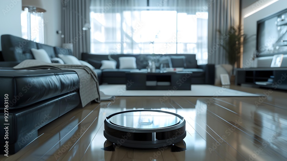 A robot vacuum cleaner in action cleaning an picture A robot vacuum cleaner in action cleaning an picture