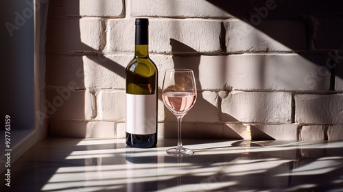 wine bottle with blank label mock up and glass in front of painted brick wall sunlight from window shadows branding brand marketing