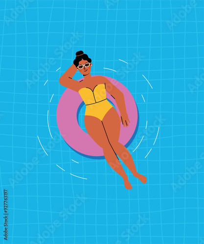 Women chilling on the pool float in the swimming pool, enjoy summer and relax. Vector illustration