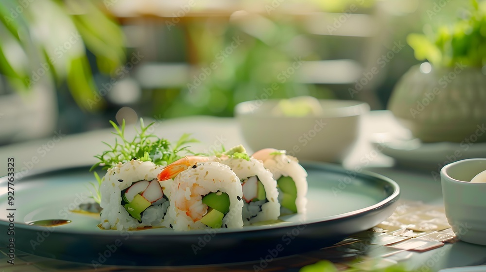 Roll with avocado shrimp and cucumber served Roll with avocado shrimp and cucumber served