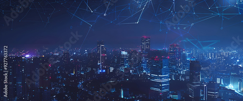 abstract line connection on night city background.