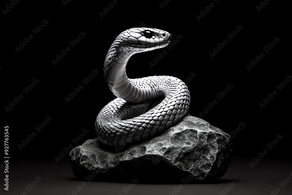 Fototapeta premium A venomous snake coiled on a rock, its scales shimmering against a black background.