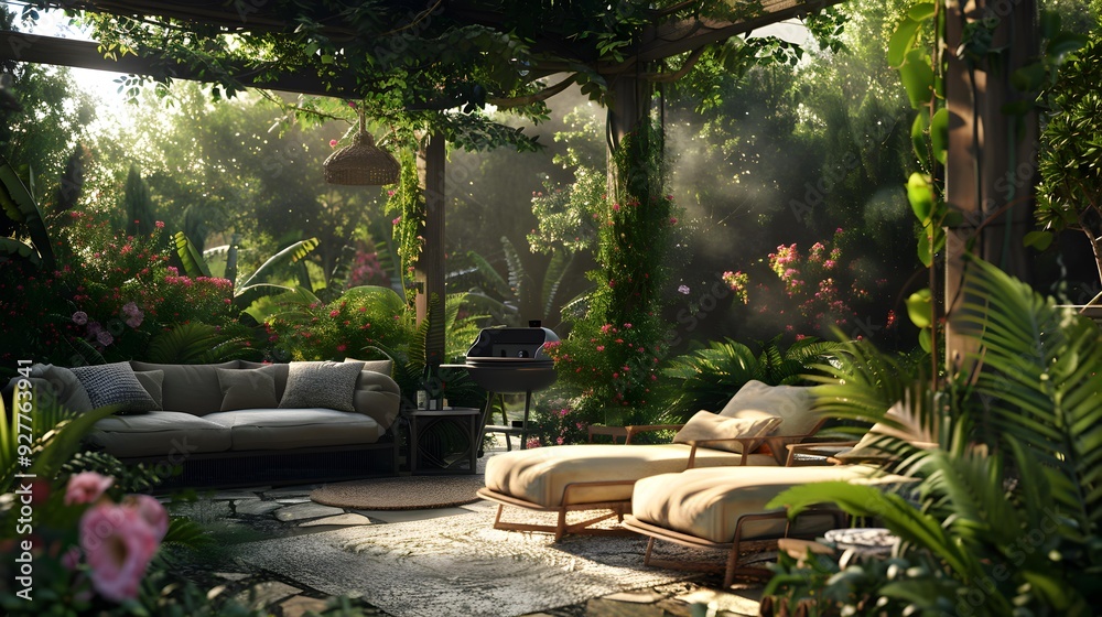 Garden with barbecue cozy surrounded by green plants Garden with barbecue cozy surrounded by green plants