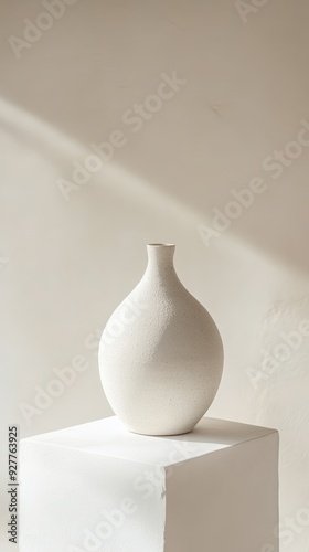 Elegant white ceramic vase displayed on a pedestal against a minimalistic background