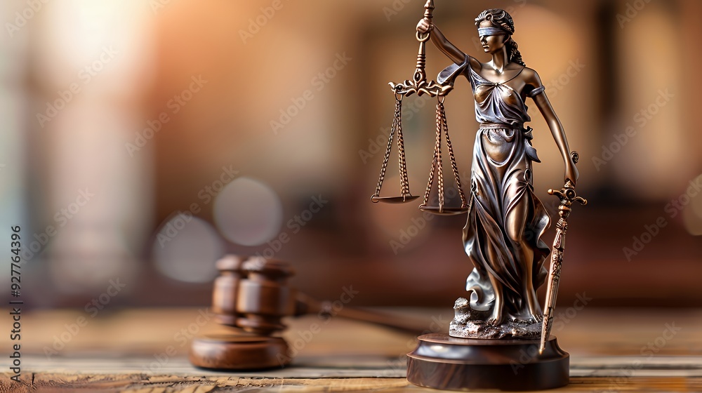 A bronze statue of Themis, the Greek goddess of justice, holding scales and a sword, stands on a wooden table with a gavel in the background. A bronze statue of Themis, the Greek goddess of justice, holding scales and a sword, stands on a wooden table with a gavel in the background.