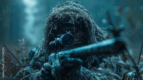 sniper holding a sniper in a humid and gloomy weather
