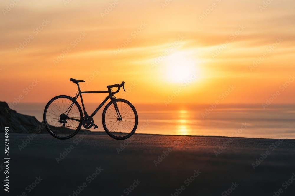 Serene Sunset Cycling: Solo Road Bike Against a Calming Ocean Horizon Serene Sunset Cycling: Solo Road Bike Against a Calming Ocean Horizon