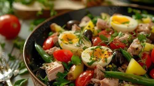 Salad nicoise with tuna green beans potatoes eggs photo