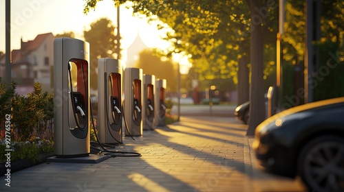 Modern Electric Vehicle Charging Stations Lined Up in a City Street. AI generated image #927765362