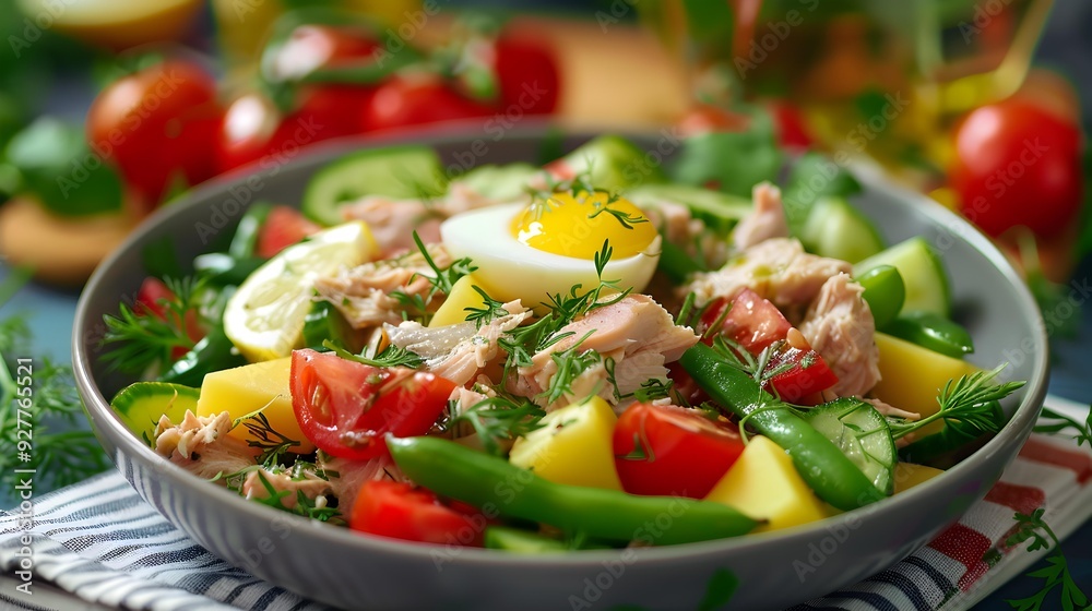 Salads with tuna egg potatoes and green beans Salads with tuna egg potatoes and green beans