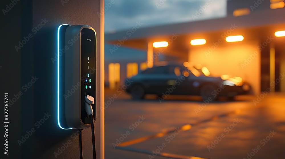 Electric Vehicle Charging Stations in an Urban Night Setting. AI generated image Electric Vehicle Charging Stations in an Urban Night Setting. AI generated image