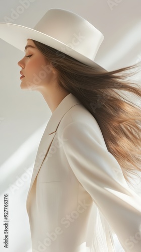 Elegant woman in white suit and hat with flowing hair against a soft light background photo