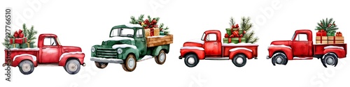 Charming vintage trucks decorated with Christmas trees and gifts, perfect for holiday-themed designs and festive projects.