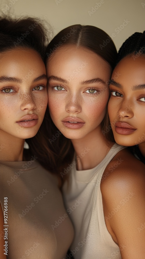 Three women with natural makeup pose together in a soft light setting Three women with natural makeup pose together in a soft light setting