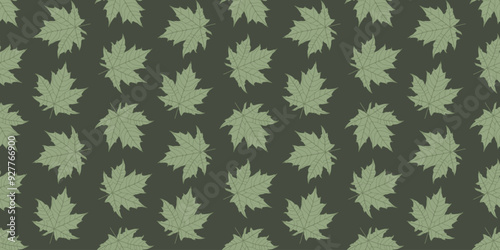 Green foliage seamless pattern. Falling maple leaves vector botanical illustration