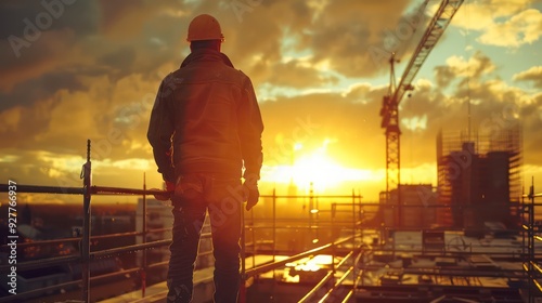 A dedicated worker, wearing a helmet and safety gear, oversees construction at a factory site, with workers and engineers coordinating efforts to build a structure.