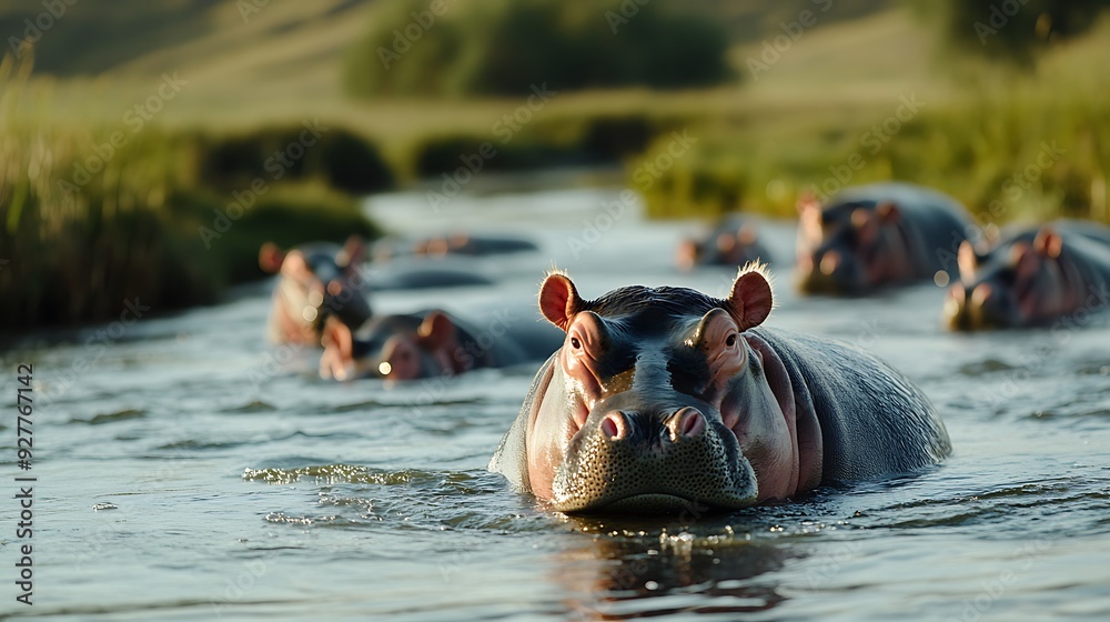 Fototapeta premium A hippopotamus swims in a river with its head above the water.