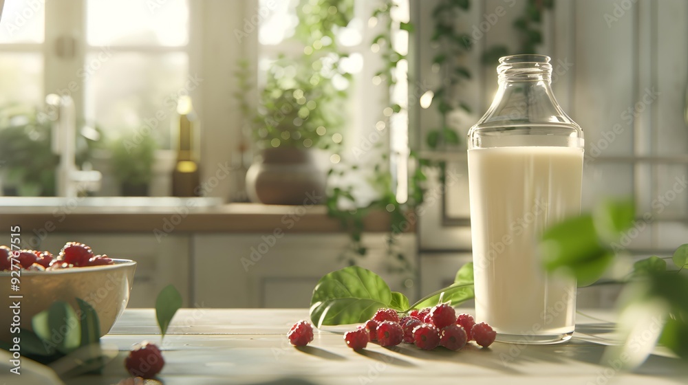 There is a bottle of cream and berries There is a bottle of cream and berries
