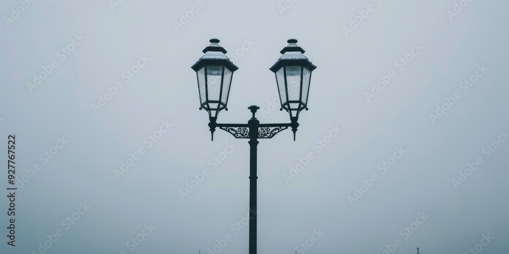 Architectural tall black and silver lamppost with geometric and symmetrical structures against a grey sky Architectural tall black and silver lamppost with geometric and symmetrical structures against a grey sky