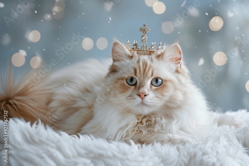 Feline Majesty: A regal Siberian cat adorned with a golden crown, exudes an air of feline grace and majesty in a snowy wonderland. The soft, white fur and the sparkling bokeh lights enhance the image' photo