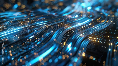 A stunning 3D illustration of big data technology featuring a HUD interface with shimmering blue and silver data streams. The abstract composition glows with edge lighting, creating a sacred film