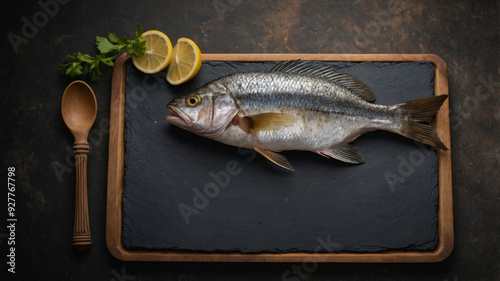 image space copy with board slate a on displayed background grunge a on fish dorado Grilled. photo