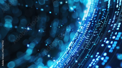 A stunning 3D illustration of big data technology featuring a HUD interface with shimmering blue and silver data streams. The abstract composition glows with edge lighting, creating a sacred film