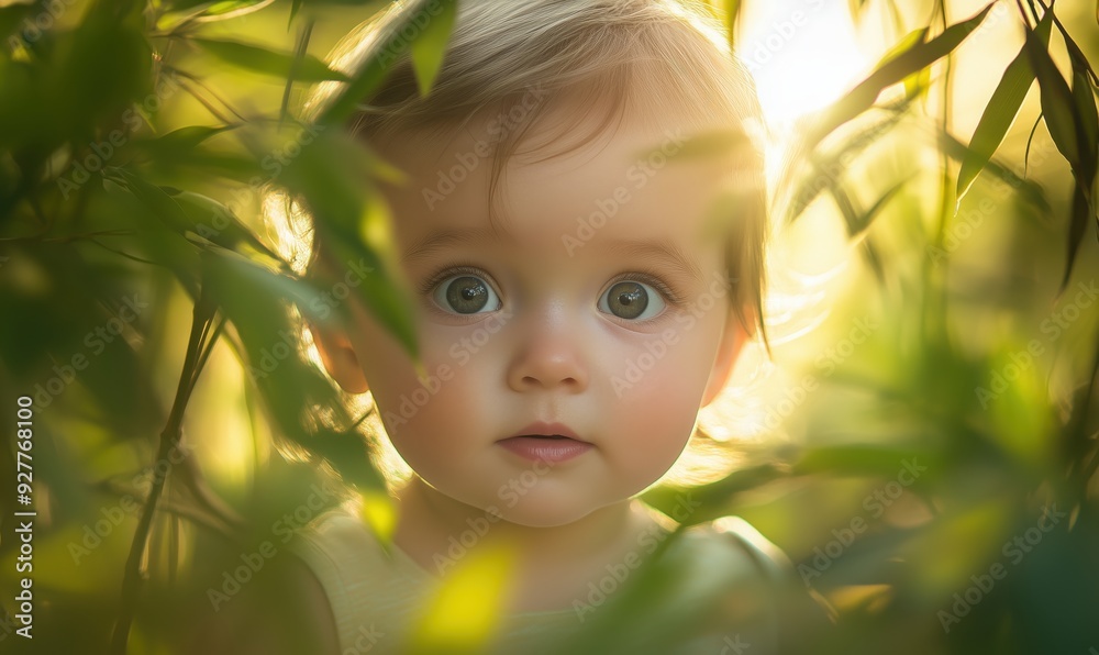 custom made wallpaper toronto digitalA baby is looking at the camera in a green forest. The baby is wearing a yellow shirt