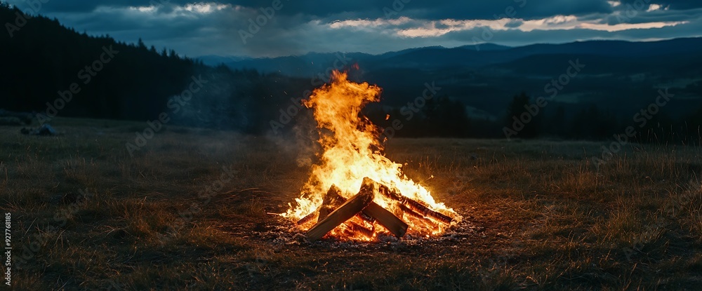 Naklejka premium A large bonfire burns brightly in the middle of a grassy field with a mountain range in the distance.