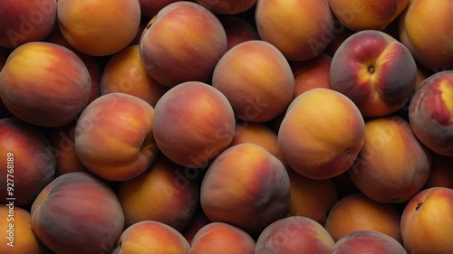 Half an peach on a pile of peaches Healthy nutrition, natural vitamin vegetables and fruits concept.