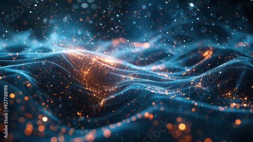 A 3D illustration of a big data landscape, showcasing a complex HUD interface surrounded by floating data points in a soft focus, bokeh-enhanced environment. The design features shimmering blue and