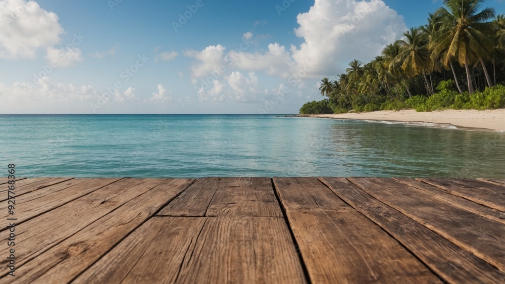 Fototapeta premium A serene tropical beach scene with a wooden deck overlooking the ocean perfect for a copy space image.
