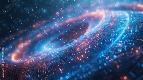 A 3D illustration of a big data landscape, showcasing a complex HUD interface surrounded by floating data points in a soft focus, bokeh-enhanced environment. The design features shimmering blue and