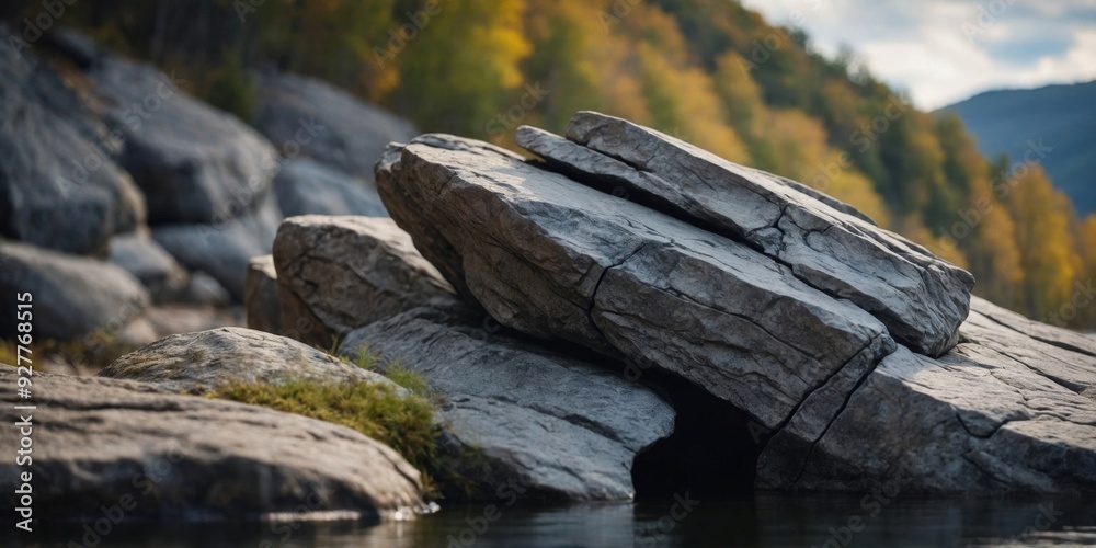 A massive rock sculpture of a winding river with deep crevices and smooth waterworn edges.
