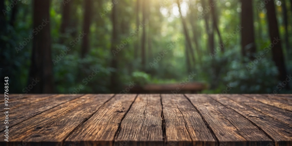 Worn wooden table with blurred forest background. Worn wooden table with blurred forest background.
