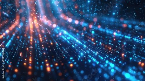 An abstract, futuristic depiction of big data technology in a 3D environment, featuring a HUD display with glowing blue and silver data streams. The illustration is illuminated with edge lighting,