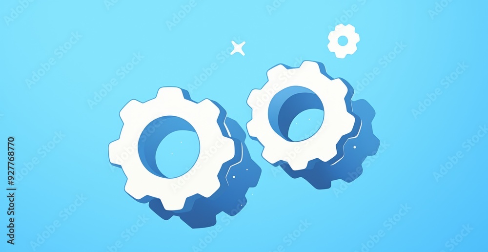 Two Stylized Light Blue Gears with Floating White Dot on Solid Baby Blue Background
Two Stylized Light Blue Gears with Floating White Dot on Solid Baby Blue Background