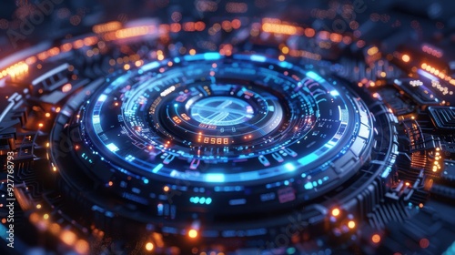 A high-quality 3D depiction of a futuristic big data network, featuring an intricate HUD interface with glowing blue and silver elements. The abstract composition is enhanced by edge lighting and
