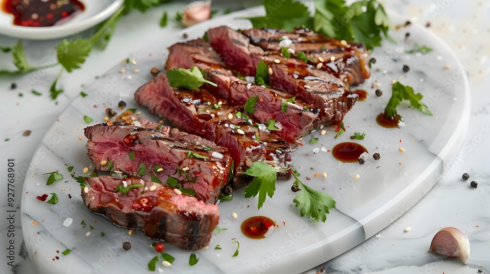 Steaks thinly sliced premium meat served Steaks thinly sliced premium meat served