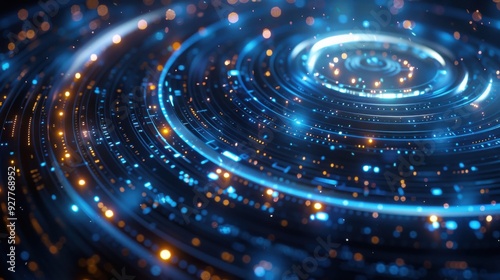 A 3D illustration of big data technology, featuring a complex HUD interface with shimmering blue and silver tones. The scene is illuminated with edge lighting, creating a sacred film effect that