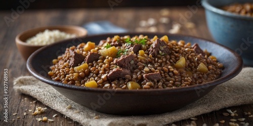 A traditional Russian dish called kasha made with buckwheat groats and simmered in rich broth with chunks of beef and onions. photo