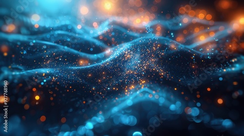 An 8K, high-brightness 3D illustration of a big data HUD display, with interconnected nodes and data streams glowing in blue and silver. The abstract, futuristic design is enhanced by edge lighting